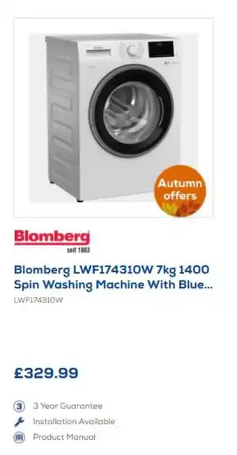 Euronics Blomberg LWF174310W 7kg 1400 Spin Washing Machine offer