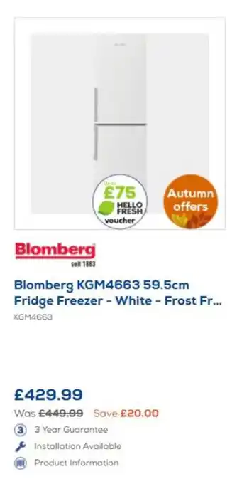 Blomberg KGM4663 59.5cm Fridge Freezer - White