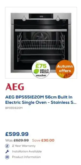 AEG BPS551E20M 56cm Built in Electric Single Oven - Stainless...