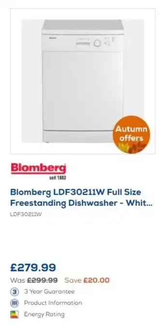 Euronics Blomberg Full Size Freestanding Dishwasher - White offer