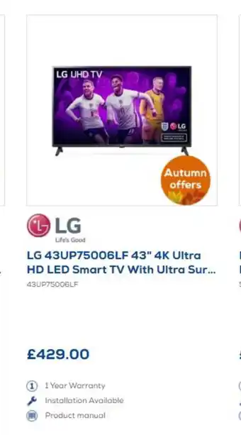 Euronics LG 43" Ultra HD LED Smart TV with Ultra Sur.... offer