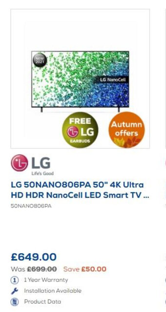 Euronics LG 50" 4K Ultra HD HDR NanoCell LED Smart TV offer
