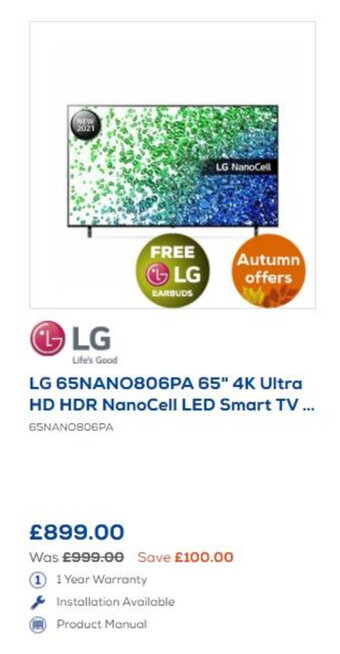 Euronics LG 65" 4K Ultra HD HDR NanoCell LED Smart TV offer