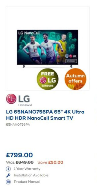 Euronics LG 65" 4K Ultra HD HDR NanoCell LED Smart TV offer