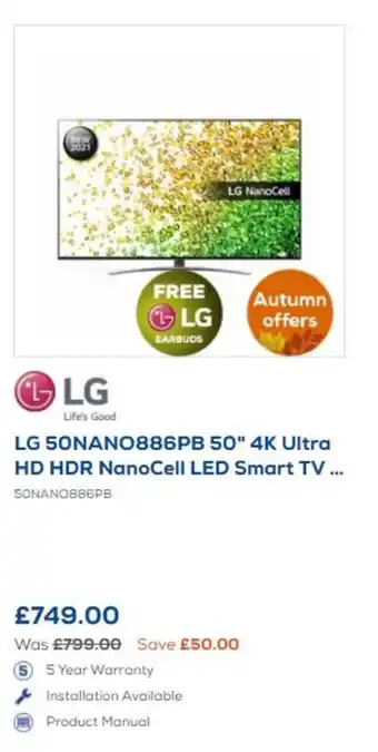 Euronics LG 50" 4K Ultra HD HDR NanoCell LED Smart TV offer