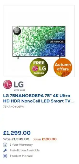 Euronics LG 75" 4K Ultra HD HDR NanoCell LED Smart TV offer
