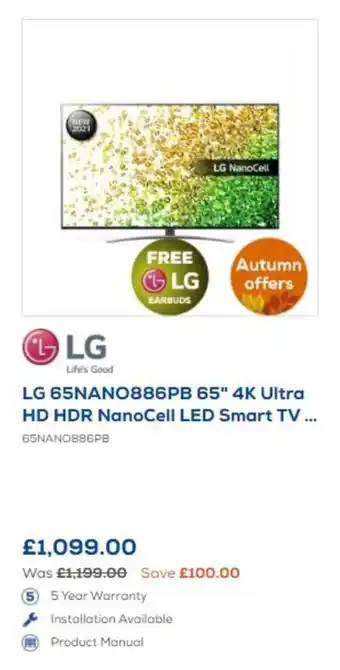 Euronics LG 65" 4K Ultra HD HDR NanoCell LED Smart TV offer