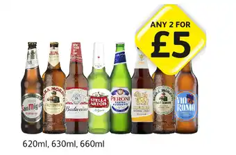 Londis View San Miguel, Birra Moretti L'Autentica, Budweiser, Stella Artois, Peroni, Singha, Birra Moretti Saledi Mare, Via Roma offer