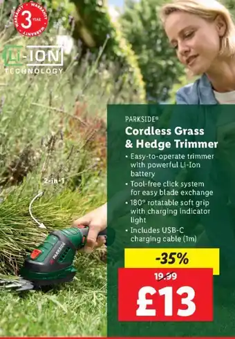 Lidl PARKSIDE® Cordless Grass & Hedge Trimmer offer