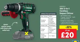 Lidl PARKSIDE® 20V 3-in-1 Cordless Impact Driver offer