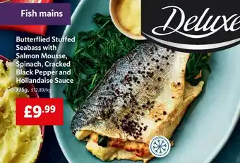 Lidl Butterfied Stuffed Seabass With Salmon Mousse, Spinach, Cracked Black Pepper And Hollandaise Sauce offer