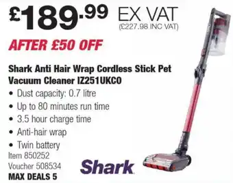 Costco Shark Anti Hair Wrap Cordless Stick Pet Vacuum Cleaner IZ251UKCO offer