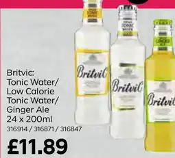Bestway Britvic: Tonic Water/ Low Calorie Tonic Water/ Ginger Ale 24 x 200ml offer