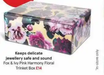 Tesco Keeps Delicate Jewellery Safe And Sound Fox & Ivy Pink Harmony Floral Trinket Box offer