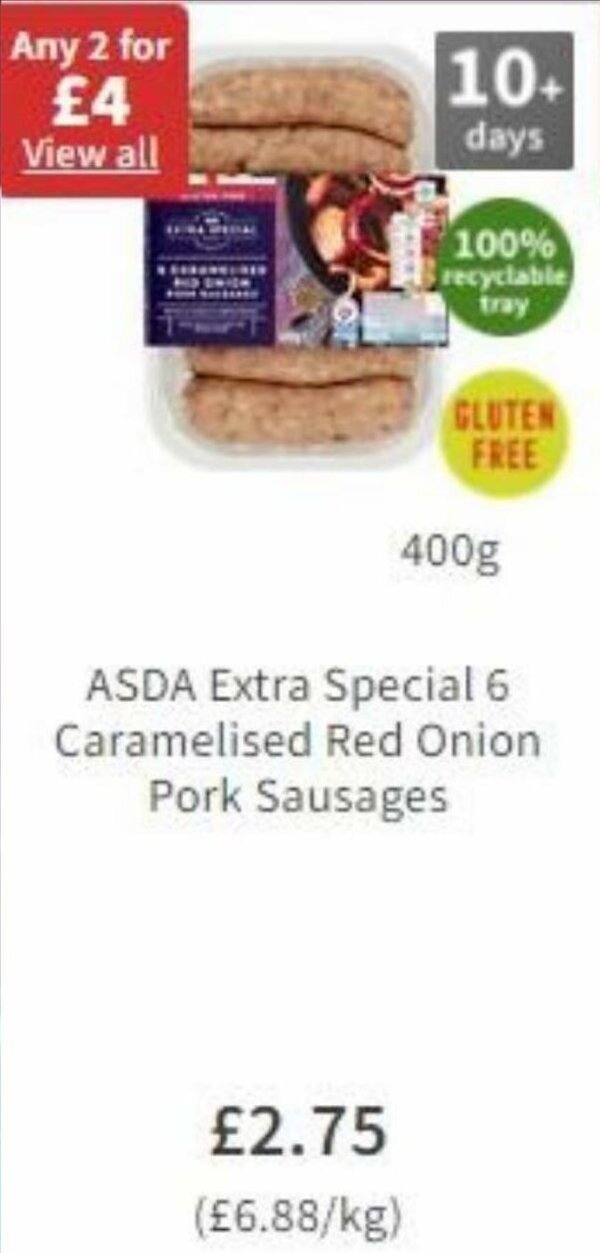 ASDA Extra Special 6 Caramelised Red Onion Pork Sausages 400g offer at Asda