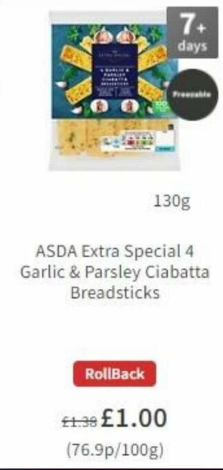 Asda ASDA Extra Special 4 Garlic & Parsley Ciabatta Breadsticks 130g offer