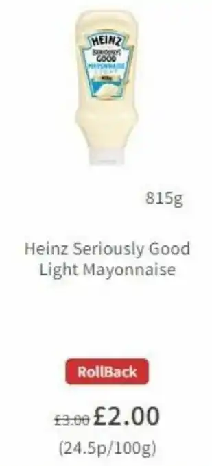 Asda Heinz Seriously Good Light Mayonnaise 815g offer