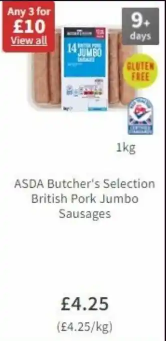 Asda ASDA Butcher's Selection British Pork Jumbo Sausages 1kh offer