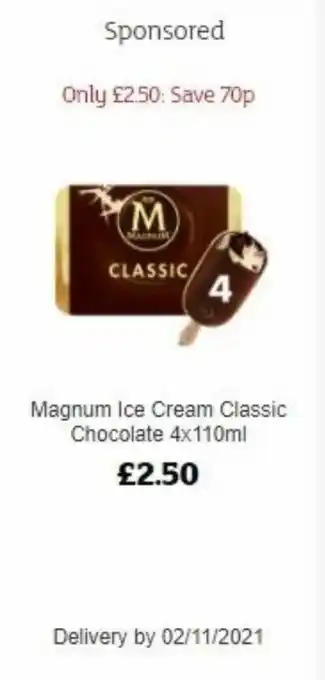 Sainsbury's Magnum Ice Cream Classic Chocolate 4 x 110ml offer