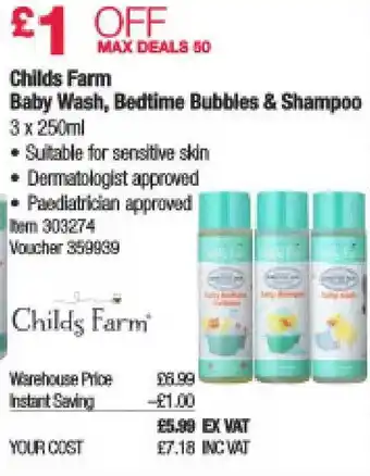 Costco Childs Farm Baby Wash , Bedtime Bubbles & Shampoo offer