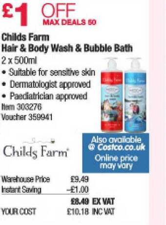 Costco Childs Farm Hair & Body Wash & Bubble Bath offer