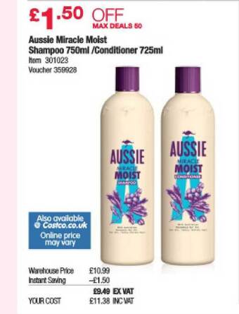 Costco Aussie Miracle Moist Shampoo 750ml - Conditioner 725ml offer