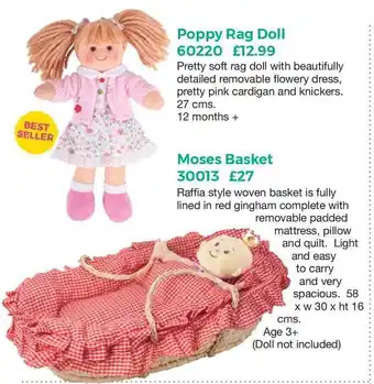 Mulberry Bush Poppy Rag Doll , Moses Basket offer