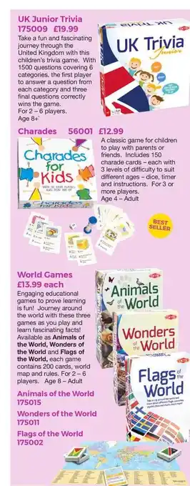 UK Junior Trivia , Charades , World Games , Animal Of The World , Wonders Of The World , Flags Of The World