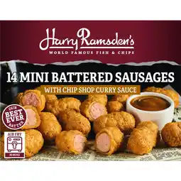 Iceland Harry Ramsdens 16 (Approx.) Mini Battered Sausages with Chip Shop Curry Sauce 406g offer