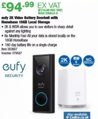 Costco Eufy 2L Vidro Battery Doorbell with Homebase 16GB Local Storage offer