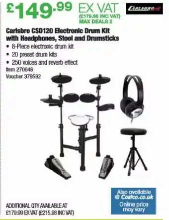 Costco Carisbro CSD120 Electronic Drum Kit with Headphones, Stool and Srumsticks offer