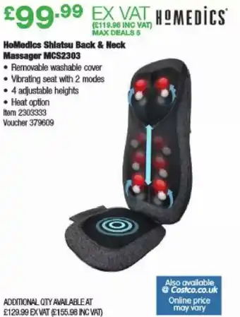 Costco HoMedics Shiatsu Back & Neck Massager offer