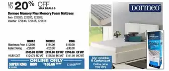 Costco Dormeo Memory Plus Memory Foam Mattress - single offer