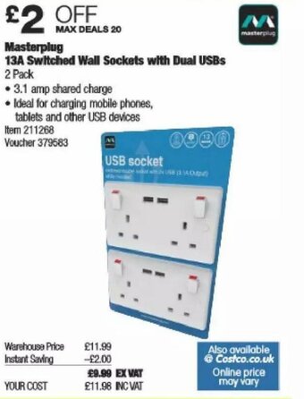 Costco Masterplug 13A Switched Wall Sockets with Dual USBs offer