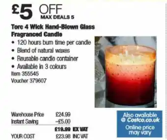 Costco Torc 4 Wick hand-Blown Glass Fragrance Candle offer