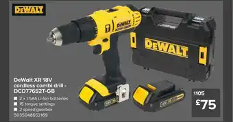 TradePoint Dewalt Xr 18v Cordless Combi Drill - Dcd776s2t-gb offer
