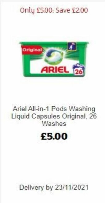 Sainsbury's Ariel All-in-1 Pods Washing Liquid Capsules Original 26 Washes offer