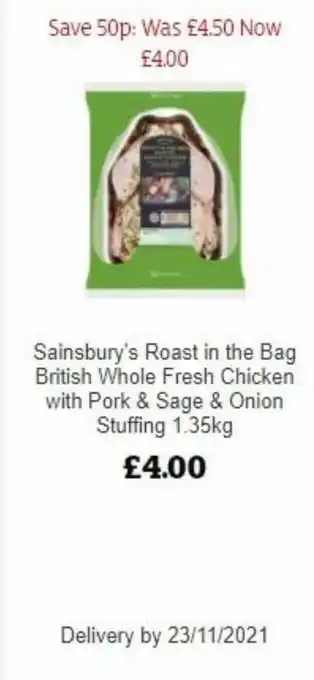 Sainsbury's Sainsbury's Roast in the Bag British Whole fresh Chicken with Port & Sage & Onion Stuffing 1.35kg offer