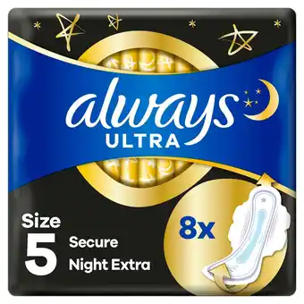 Sainsbury's Always Ultra Sanitary Towels Secure Night Extra Wings Pads Size 5 x8 offer