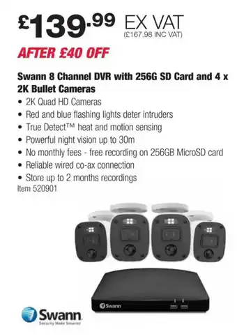 Costco Swann 8 Channel DVR with 256G SD Card and 4 x 2K Bullet Cameras offer