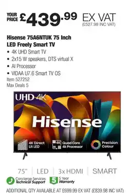 Costco Hisense 75A6NTUK 75 Inch LED Freely Smart TV .4K UHD Smart TV offer