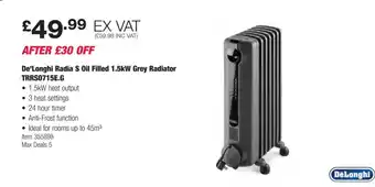 Costco De'Longhi Radia S Oil Filled 1.5kW Grey Radiator TRRS0715E.G offer