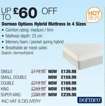 Costco Dormeo Options Hybrid Mattress in 4 Sizes offer