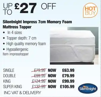 Costco Silentnight Impress 7cm Memory Foam Mattress Topper offer