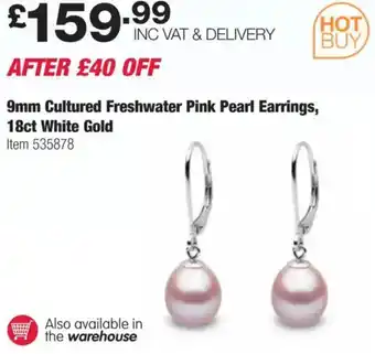 Costco 9mm Cultured Freshwater Pink Pearl Earrings, 18ct White Gold offer