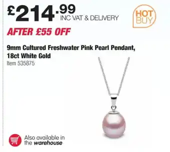 Costco 9mm Cultured Freshwater Pink Pearl Pendant, 18ct White Gold offer