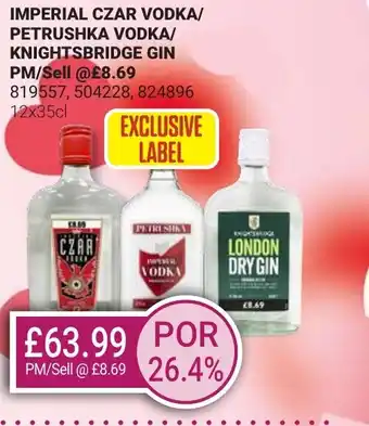 Bestway IMPERIAL CZAR VODKA/ PETRUSHKA VODKA/ KNIGHTSBRIDGE GIN offer