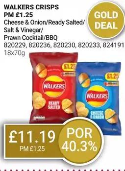 Bestway WALKERS CRISPS Cheese & Onion/Ready Salted/ Salt & Vinegar/ Prawn Cocktail/BBQ offer