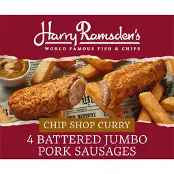 Iceland Harry Ramsdens Chip Shop Curry 4 Battered Jumbo Pork Sausages 528g offer