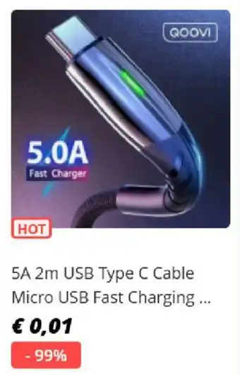 5A 2m USB Type C Cable Micro USB Fast Charging